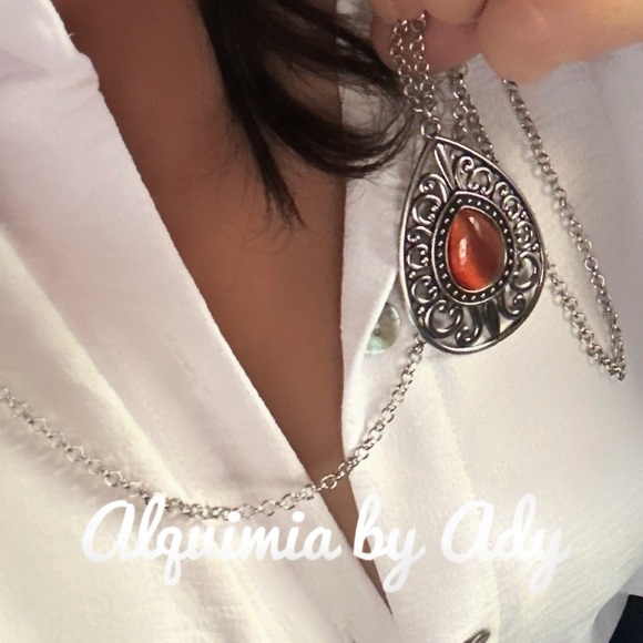 Red tigers eye big pendant extra long necklace - Picture 2 of 2